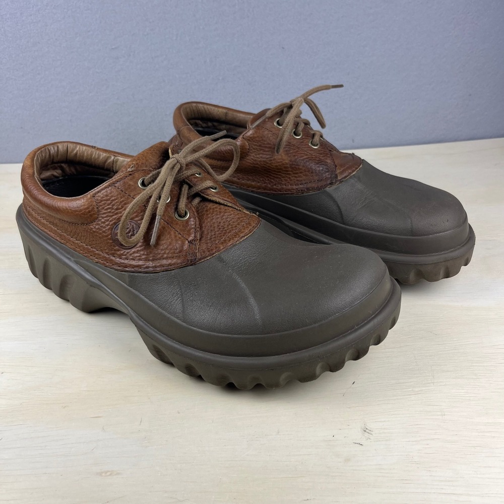 Crocs Mens Size 12 Brown Leather Duck Shoes Lace Up Lug Sole Waterproof Shell